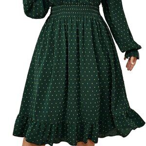 Plus Size Fall Dress Long Sleeve V Neck Swiss Dot Flowing Midi Dress